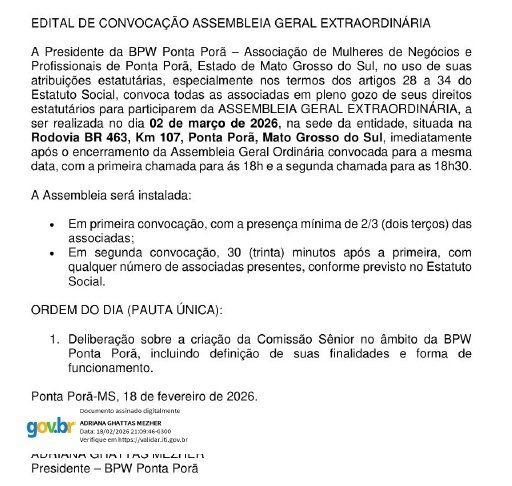 BPW Ponta Porã convoca para Assembleia Geral Ordinária no dia 2 de março