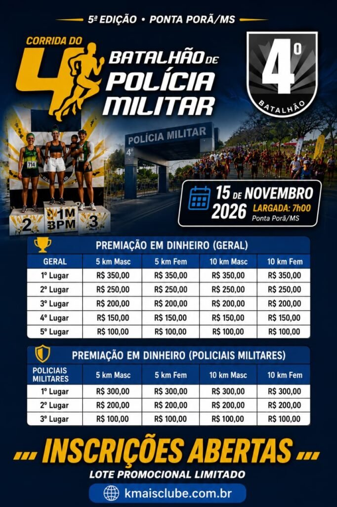 PM de Ponta Porã realiza a 5ª Corrida do 4º BPM; inscrições estão abertas