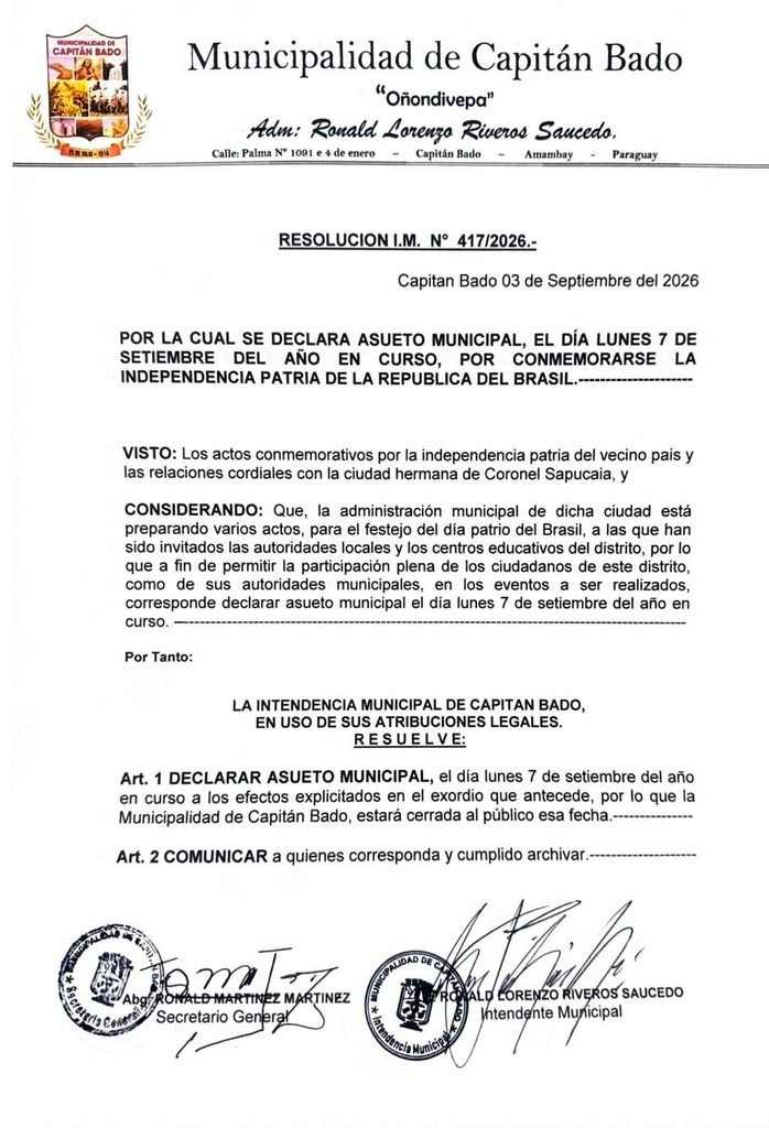 Municipalidad de Capitán Bado declaró asueto el lunes por Independencia de Brasil y generó polémica en redes