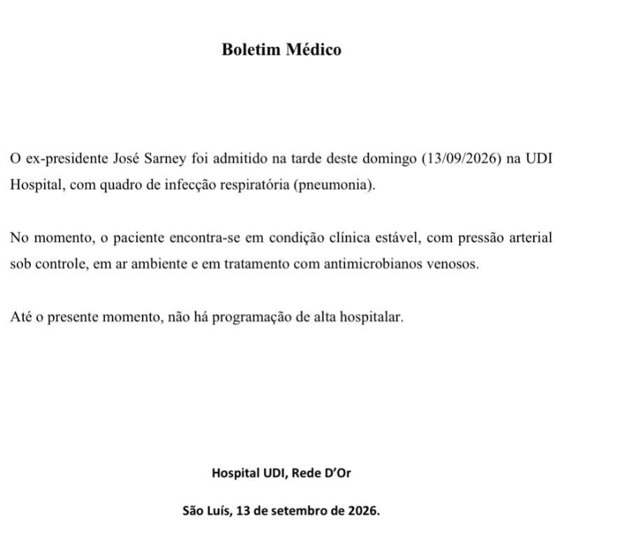 Ex-presidente José Sarney é internado com pneumonia aos 96 anos